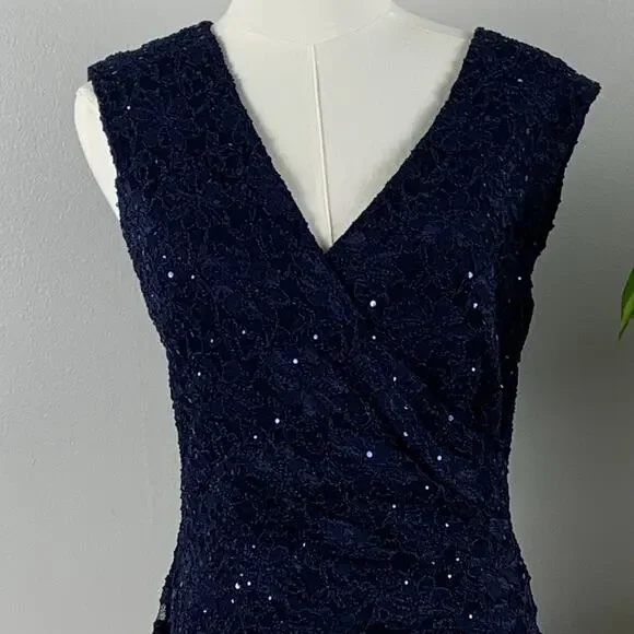 Dressbarn Collection Navy Blue Sleeveless Sequin V Neck Dress Size 8 - Picture 2 of 10